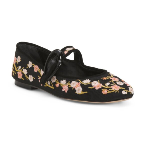 Larroudé Verona Ballet Flat in Floral Embroidered Black - Picture 1 of 3